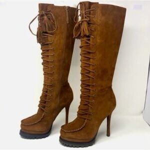 BEBE Rowdy Tall Lace-Up Tassel Boots – Size 9, Brown Suede